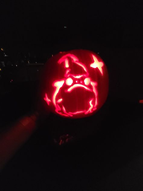 This is my design I carved for my pumpkin this year! I found someone who made something like this on Google and I think it was on someone's Twitter, so shoutout to whoever gave me this idea! 🎃HAPPY HALLOWEEN YALL 🎃 Frog Pumpkin Carving, Frog Pumpkin, I Found Someone, The Frog, My Design, Pumpkin Carving, Happy Halloween, Merlin, This Year