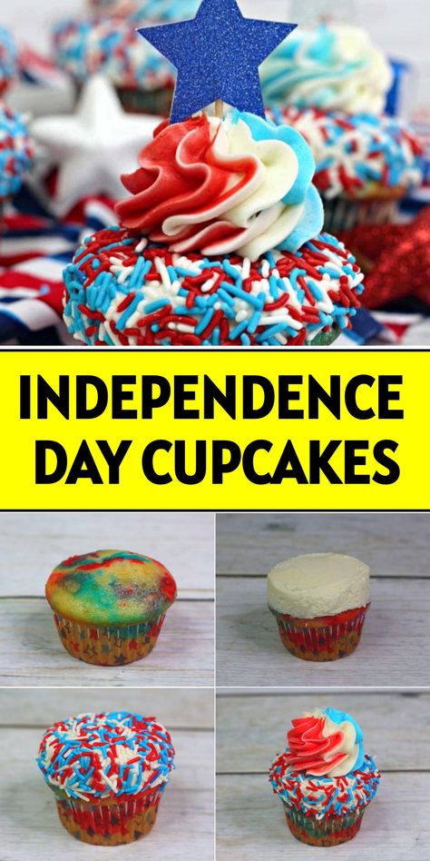 Get excited for your 4th of July celebration with these awesome red, white, and blue cupcakes! You can easily make them using a boxed cake mix to impress everyone with your patriotic pride. These cupcakes are perfect for adding some festive fun to your holiday or simply satisfying your sweet tooth. You can get super creative with decorating them and experiment with different flavors like chocolate or fruity toppings. The possibilities are endless when it comes to making these delicious treats! Cupcakes 4th Of July, French Vanilla Cupcakes, Red White And Blue Cupcakes, White And Blue Cupcakes, Easy Oven Dinners, Patriotic Cupcakes, Light Summer Meals, French Vanilla Cake, Swirl Cupcakes