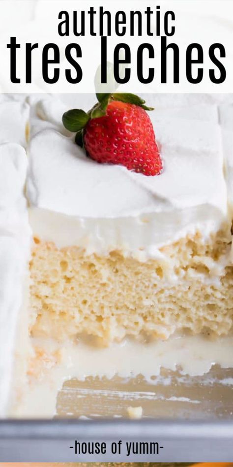 Tres leches cake. This easy to make tender cake is drenched in a three milk mixture, topped with fluffy whipped cream, and can be topped with a sprinkle of cinnamon or fresh fruit for a truly authentic Mexican dessert. Authentic Mexican Desserts, Mexican Cake, Tres Leches Cake Recipe, Fresh Fruit Cake, Cake Light, Mexican Dessert Recipes, Cake Vegan, Tres Leches Cake, Mexican Dessert