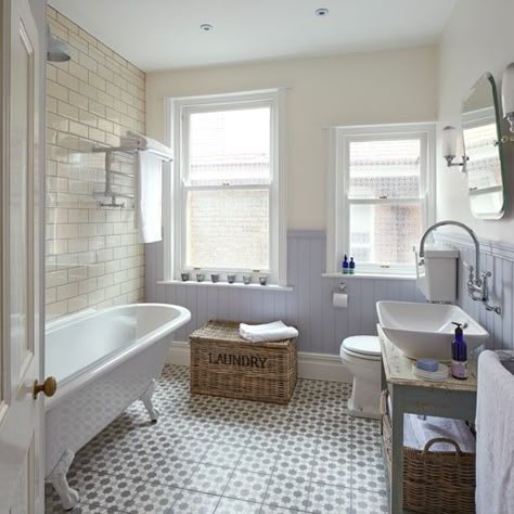 Shabby chic bathroom with period-style sanitaryware and lilac walls Lilac Walls, Inexpensive Bathroom Remodel, Makeover Kamar Mandi, Cottage Style Bathrooms, Bathroom Transformation, Chic Bathroom, Victorian Bathroom, Cottage Bathroom, Cheap Bathrooms