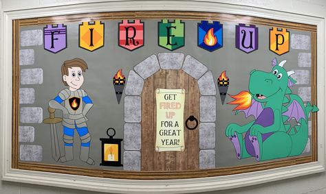 Castle Bulletin Board Ideas, Dragon Bulletin Board Ideas, Castle Display Board, Castle Classroom Decorations, Dragon Bulletin Board, Castle Bulletin Board, Medieval Classroom Theme Bulletin Boards, Castle Classroom Transformation, Fairy Tale Theme