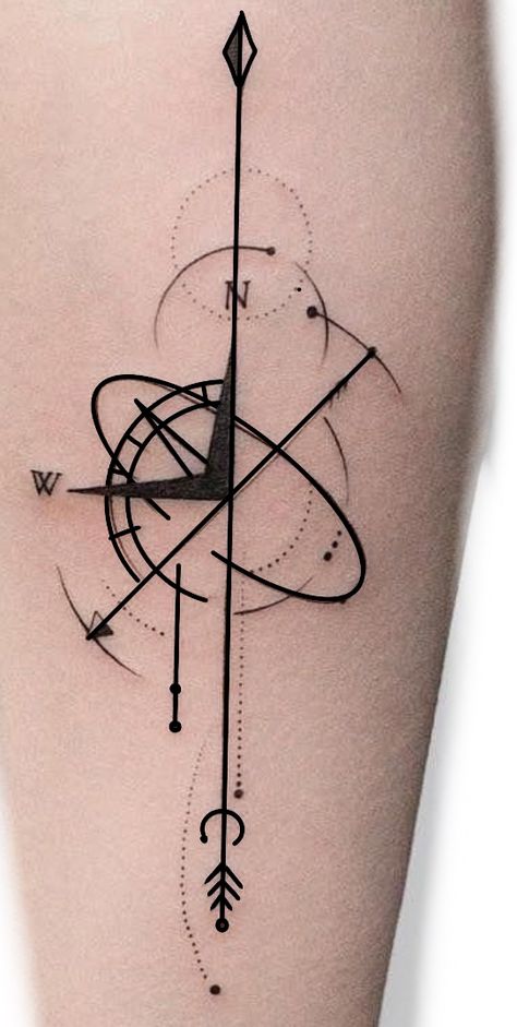 Tattoo Ideas Compass Unique, Time Travel Tattoo, Fine Line Compass Tattoo, Continue Tattoo, Abstract Geometric Tattoo, West Tattoo, Compas Tattoo, Geometric Compass Tattoo, Arrow Compass Tattoo