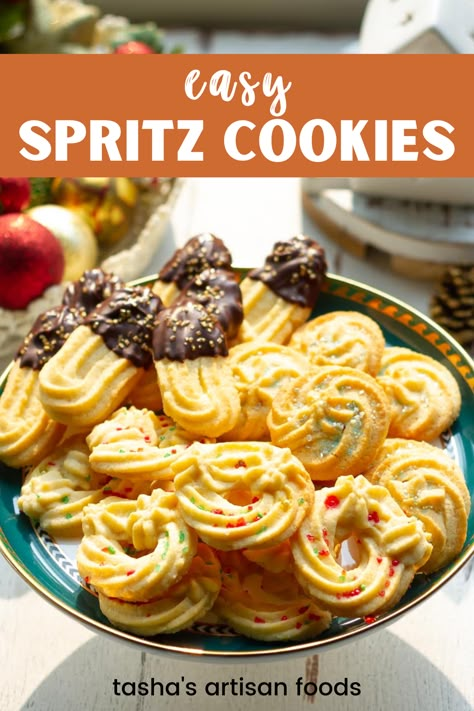 An image of Christmas Spritz Cookies in a blue and white plate Spritz Cookies Betty Crocker, Piped Spritz Cookies, Old Fashioned Spritz Cookies, Norwegian Spritz Cookies, Wreath Spritz Cookies, Swedish Spritz Cookies, Spritz Cookies Without Cookie Press, Spritz Cookies Recipes Best, Spritz Cookies Christmas