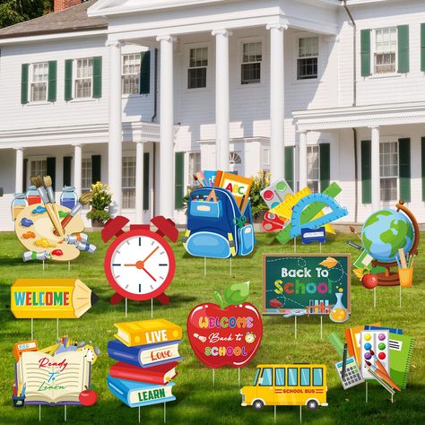 PRICES MAY VARY. Package Includes: you will receive 12 pieces of back to school signs and 24 pieces of matching stakes; The signs' patterns include school bus, blackboard, ruler, schoolbag, book, basketball, gift box and many other elements related to back to school season; And there are English words, [back to school], [welcome] in the patterns, lovely and lively, the size of the sign is about 12 x 12 inches/ 30 x 30 cm, the size of the stake is about 14 inches/ 35 cm Innovative Design: the uni School Yard Signs, First Day Of School Classroom, Home Party Decorations, Lawn Decorations, Yard Decorations, Lawn And Landscape, Welcome Back To School, School Yard, School Season