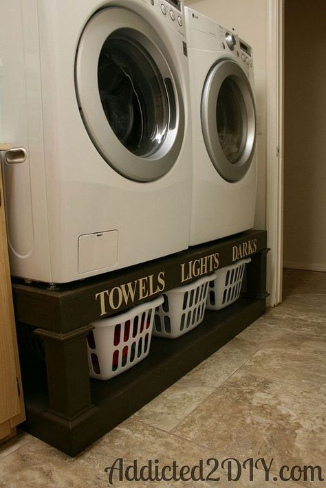 Sorts laundry AND raises the washer/dryer???  Genius! Laundry Room Hacks, Room Storage Diy, Laundry Pedestal, Laundry Room Flooring, Casa Country, Laundry Room Diy, Diy Laundry, Small Laundry Room, Small Laundry