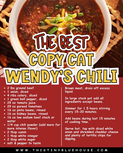 Love Wendy's chili? Then, you've gotta try making this absolutely delicious copycat Wendy's chili recipe. Made with basic ingredients like tender beef, onions, celery and green pepper this chili recipe has a thinner texture that is absolutely bursting with flavor. Perfect for a quick and easy weeknight supper, this best homemade chili recipe can be made ahead and frozen for convenient lazy dinners too! Head on over to our blog to get all the details. Gold Star Chili Copycat Recipe, Chili Copycat Recipes, Chili Recipe Tiktok, Copycat Wendys Chilli, Wendy’s Chili Recipe Copycat, Wendys Chili Copycat, Copycat Wendy’s Chili, Wendy Chili Recipe Copycat, Copy Cat Wendys Chili