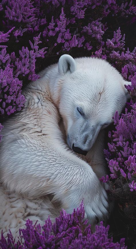 Sleeping polar bear among vibrant purple flowers, showcasing nature's beauty and harmony. Polar Bear Photography, Scene Highlights, Polar Bear Painting, Arctic Wildlife, Polar Bear Paint, Monkey Species, Bear Habitat, Pygmy Marmoset, Polar Bear Art