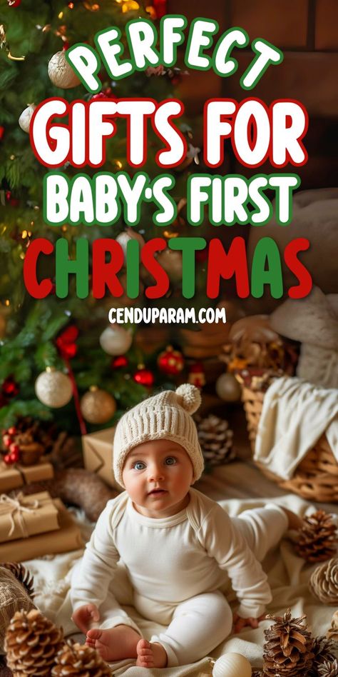 adorable baby sitting among presents at Christmas and title perfect gifts for baby's first Christmas Christmas Gifts For Baby Boy, First Christmas Gifts For Baby, Christmas Gifts For Baby, Gifts For Baby Boy, First Christmas Gifts, Christmas Presents For Babies, Newborn Christmas Gifts, Xmas Gift Guide, Baby's First Christmas Gifts