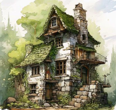 Forest House Concept Art, Small Castle Concept Art, Medieval Architecture Concept Art, Fantasy Concept Art House, Small Medieval House Concept Art, Fantasy House Illustration, Fantasy Buildings Concept Art, Medieval Fantasy House Concept Art, Fantasy Cottage Concept Art