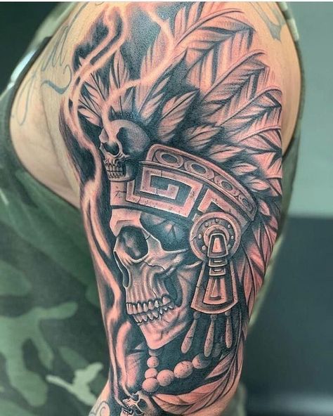 Indian Skull Tattoos, Aztec Warrior Tattoo, Aztec Tattoos Sleeve, Warrior Tattoo Sleeve, Mayan Tattoos, Aztec Tattoos, Chicano Tattoos Sleeve, Mexican Tattoo, Mexican Art Tattoos