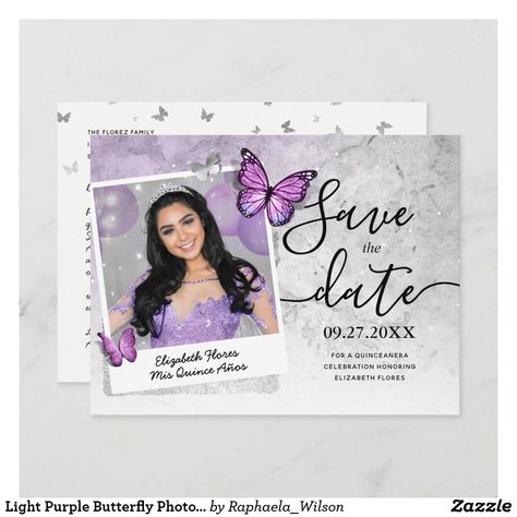 Quince Save The Date Photo Ideas, Save The Date Quinceanera Ideas Pictures, Butterfly Quince Theme, Paris Quinceanera Theme, Light Purple Butterfly, Butterfly Quinceanera Theme, Quinceanera Pictures, Purple Quince, Quince Invitations