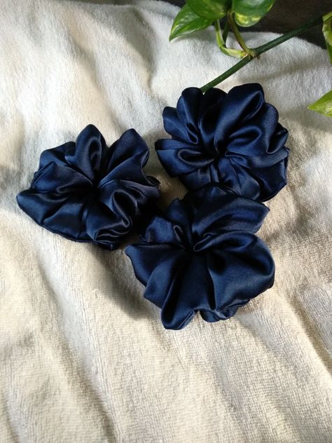 Navy Blue Scrunchie, Blue Scrunchie, Blue Stuff, Satin Scrunchies, Fenty Puma, Bow Sneakers, Starter Pack, Blue Satin, Beaded Jewelry Diy