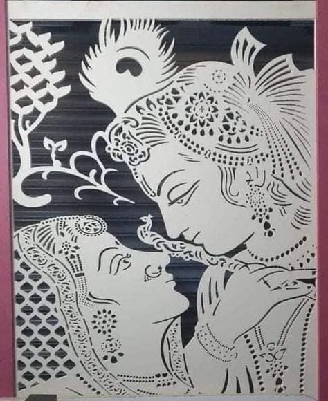 Radha Krishna Cnc Jali, Mor Pankh Cnc Design, Sanjhi Painting, Sanjhi Art, Cnc Jali, Acrylic Gifts, Lobby Designs, Animal Stencil Art, Venom Face