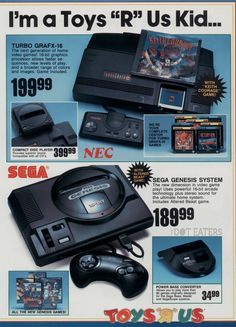 Sega Genesis released 25 years ago. battling another 16-bit console in the pages of a Toys 'R' Us catalog (1997).  Sega Genesis released 25 years ago. battling another 16-bit console in the pages of a Toys 'R' Us catalog (1997). Sega Mega Drive, Retro Gaming Art, Video Game Systems, Vintage Video Games, Sega Games, Vintage Videos, Classic Video Games, 8 Bits, Retro Videos