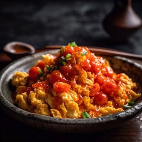 Chinese style stir-fried tomatoes with scrambled eggs Tomato Egg Chinese, Egg And Tomato, Tomato Egg, Fried Tomatoes, Asian Recipe, Chinese Illustration, Scrambled Eggs, Egg Recipes, Stir Fry