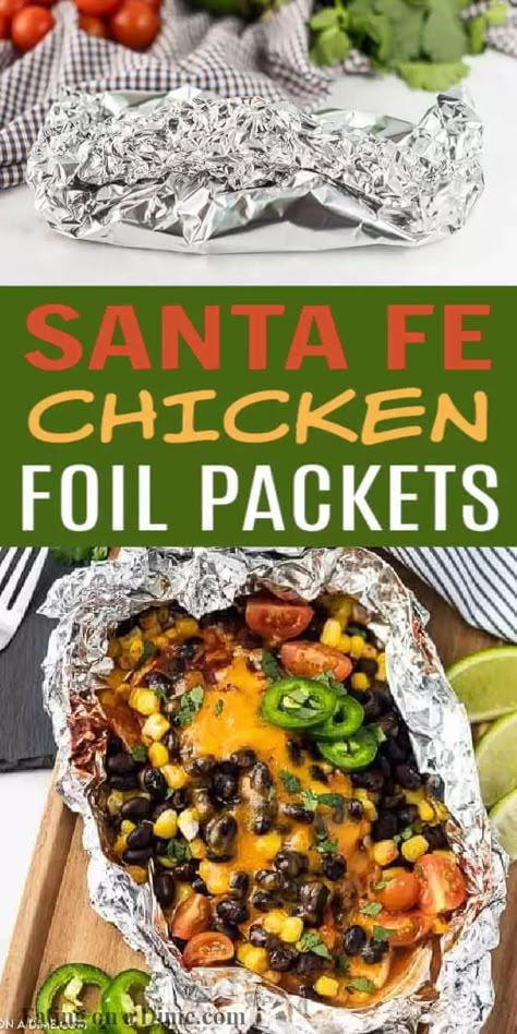 This Santa Fe Chicken Foil Packet can be made in the grill or in the oven. These Santa Fe Foil Chicken Packets recipe make clean up easy. These Santa fe foil chicken packets are perfect for the oven or for the grill! #eatingonadime #grillingrecipes #chickenrecipes #santaferecipes Foil Chicken Packets, Santa Fe Chicken Foil Packet, Foil Chicken, Hobo Dinner Recipes, Chicken Foil Packs, Grilled Foil Packets, Chicken Packets, Tin Foil Dinners, Santa Fe Chicken