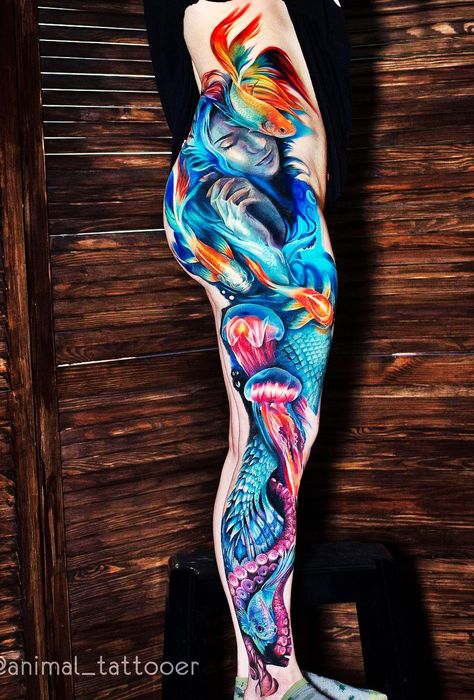 Color Tattoos Men, Full Color Tattoo Design, Bright Tattoos For Women, Bright Colorful Tattoos, Tattoos Mermaid, Mermaid Scales Tattoo, Mermaid Sleeve Tattoos, Underwater Tattoo, Back Of Leg Tattoos