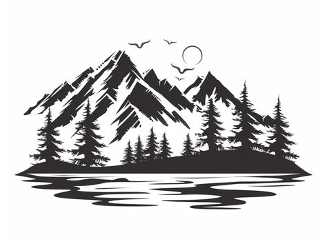 Midjourney AI Image: random art, isolated, mountains logo, trees, water, vector graphic, bold lines, black and white, whi... → more in ai-img-gen.com Art Vector Illustration, Black Silhouette Art Ideas, Mountain Silhouette Drawing, Mountain Logo, Mountain Vector, Mountain Shilloute, Mountain And Trees Silhouette, Pyrography Mountain Scene, Lake Clipart Black And White