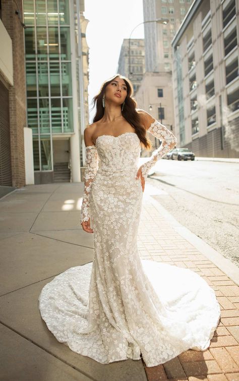 sparkly fit-and-flare wedding dress with detachable sleeves and sheer back - LE1240 by Martina Liana Luxe Martina Liana Luxe, Martina Liana Wedding Dress, Sparkly Fashion, Martina Liana, Bridal Gowns Mermaid, Wedding Dress With Pockets, Detachable Sleeves, Gown Plus Size, Fit And Flare Wedding Dress