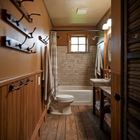 Small Bathroom Tub Shower Combo, Small Rustic Bathroom Ideas, Small Rustic Bathroom, Bathroom Tub Shower Combo, Rustic Bathroom Ideas, Reclaimed Wood Vanity, Bathroom Rustic, Wooden Bathtub, Bathtub Surround