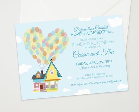 Rehersal Dinner Invitation Inspired by the Disney Pixar Movie UP - Carl & Ellie's House with Balloons - Custom DIY Printable from TheInkedLeaf on Etsy Bridal Shower Theme Invitations, Bridal Shower Disney, Disney Up Wedding, Bridal Shower Invitations Free, Curious George Party, Disney Balloons, Disney Bridal Showers, Disney Inspired Wedding, Disney Baby Shower