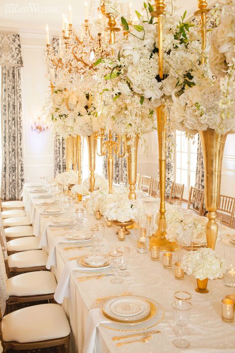 Glamorous Gold and Ivory Wedding Theme, Gold Wedding Table Setting | ElegantWedding.ca White And Gold Wedding Themes, Ivory Wedding Theme, Ivory Wedding Decor, Gold Ivory Wedding, Gold Wedding Reception, Yellow Wedding Theme, Glamorous Wedding Decorations, White Wedding Decorations, Gold Wedding Colors