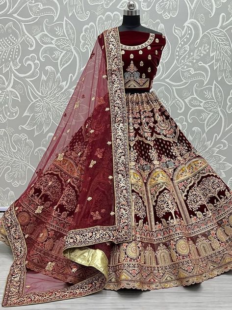 Adorable Dark Maroon Multi-Thread Embroidery Velvet Bridal Lehenga Dark Maroon Bridal Lehenga, Bridel Lehngas, Pink Bridal Lehenga, Engagement Lehenga, Indian Wedding Lehenga, Designer Bridal Lehenga Choli, Bridal Lengha, Latest Bridal Lehenga, Velvet Lehenga