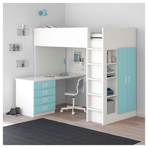 IKEA STUVA / FRITIDS White, Light Blue Loft bed with 4 drawers/2 doors Stuva Loft Bed, Girls Loft Bed, Ikea Stuva, Design Ložnic, Loft Bed Frame, Bed With Desk, Loft Beds, Bedrooms Ideas, Dekorasi Kamar Tidur