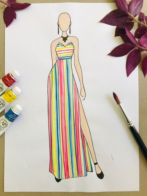 Rainbow color dress Rainbow Dress Drawing, Sketches Women, Diy Canvas Art Easy, Fashion Illustration Tutorial, Fashion Illustration Collage, Fashion Figure Drawing, Birds Embroidery Designs, Fashion Illustrations Techniques, Fashion Drawing Sketches