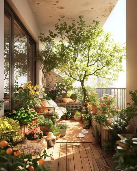 Garden On The Balcony, Green Terrace Design, Small Balcony With Plants, Terrace Plants Ideas Outdoor, Green Balcony Ideas, Balcony Romance, Small Balcony Plants, Japandi Balcony, Dream Terrace