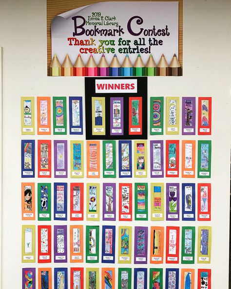 Pete The Cat Library Display, Elementary Art Contest Ideas, 3rd Grade Library Activities, Currently Reading Display, Bookmark Contest Library, Reading Contests For Elementary, Middle School Library Contests, Book Fair Contest Ideas, Bookmark Contest Ideas