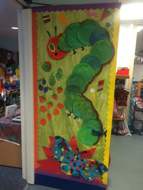 The Very Hungry Caterpillar Door Decor, World Book Day Door Display, Hungry Caterpillar Classroom Door, Book Door Decorations, Eric Carle Classroom Theme, Hungry Caterpillar Classroom, Preschool September, Room Door Ideas, Caterpillar Preschool