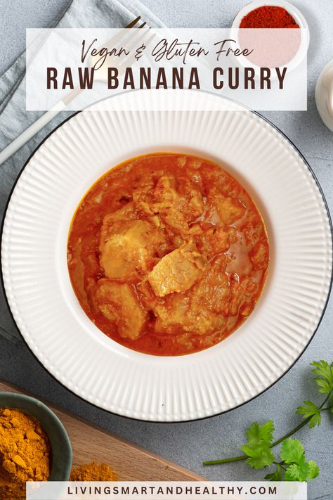 Banana Curry Recipes, Raw Banana Recipes Indian Curry, Raw Banana Recipes Indian, Banana Recipes Indian, Plantain Curry, Vegan Plantain, Banana Curry, Indian Beef Recipes, Vegetarian Platter