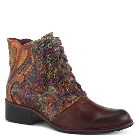 L'ARTISTE Style: BENATAR This lace-up and zipper boot combines both style and functionality with its unique design. The back of the shoe features an intricate laser-cut applique design, while the front is brushed and burnished, adding a touch of spice. The iridescent upper and rainbow stitching add a pop of color, maki Womens Leather Ankle Boots, L'artiste By Spring Step, Spring Step Shoes, Color Making, Zipper Heels, Western Booties, Zipper Boots, Boots Outfit, Leather Ankle Boots