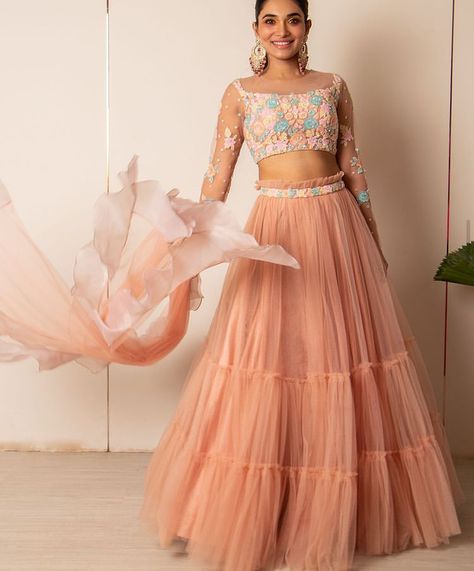 Festive Peach Georgette Lehenga, Festive Designer Peach Lehenga, Fitted Peach Lehenga For Festivals, Traditional Peach Floor-length Lehenga, Lehenga Designs Peach Colour, Creative Dresses, Long Skirt Top Designs, Indian Outfits Modern, Dress Designs For Stitching