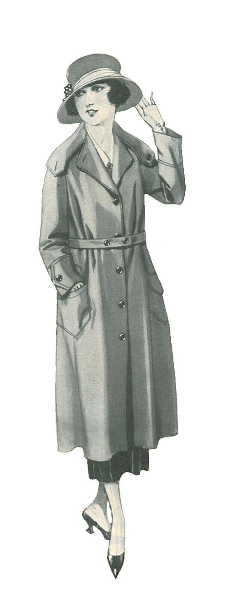 Women's trench coat from 1920/21. Junior Misses' smart raincoat of Granitone, a stylish new cotton material in granite effect with rubberized inner surface. Full-belted style with convertible collar, deep patch pockets, button-trimmed tabs. Sateen yoke lining. All seams are stitched and cemented. Olive Tan or Grey. $7.98 ~ from the Fall 1920/Winter 1921 Catalog 1920s Trench Coat, Rain Costume, 1920s Fashion Women, Women's Trench Coat, 1920s Women, Green Raincoat, Black Rain Jacket, Womens Black Coat, 1920's Fashion