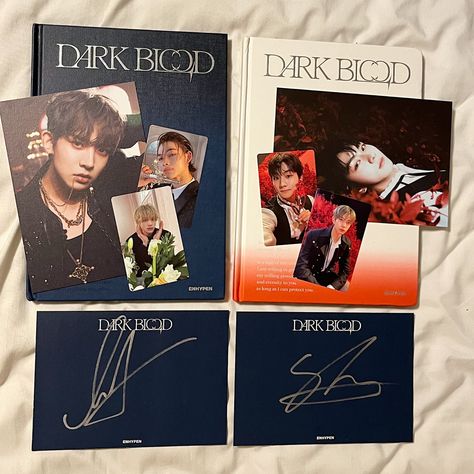 Kpop Album Enhypen, Enhypen Albums Collection, Heeseung Signature, Enhypen Dark Blood Album Photocard, Enhypen Album Collection, Enhypen Album Aesthetic, Jake Signature, Enhypen Albums, Hair Clips Braids