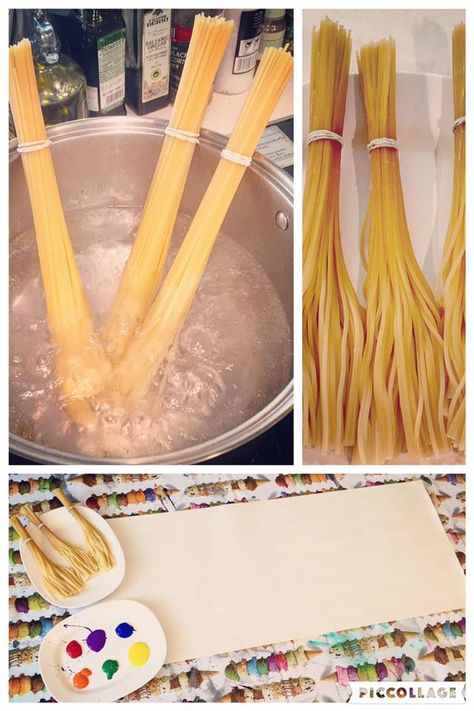 Spaghetti paint brushes/painting Pasta Sensory Play Ideas, Creative Curriculum Brushes Study, Messy Preschool Activities, Pasta Painting Art, Eyfs Cooking, Spaghetti Painting, Pasta Crafts, Baby Activity Board, Kids Pasta