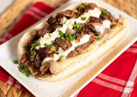 Steakhouse Philly - Gary's QuickSteak Gary's Quicksteak Recipes, Charleys Philly Cheese Steak, Authentic Philly Cheese Steak Sandwich Recipe, At Home Philly Cheese Steak, Flat Top Philly Cheesesteak, Philly Food, Cheesesteak Recipe, Cheddar Cheese Sauce, Cheese Steak Sandwich