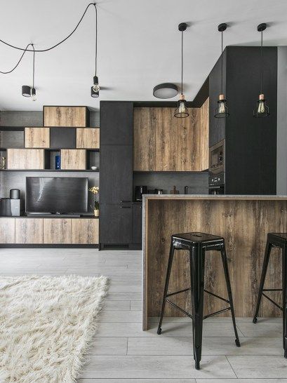 Small industrial apartment in Lithuania gets an inspiring update Small Industrial Apartment, Modern Industrial Kitchen, Urban Industrial Decor, Kitchen And Dining Area, Industrial Apartment, Industrial Kitchen Design, Industrial Style Kitchen, Industrial Interior Design, Industrial Interiors