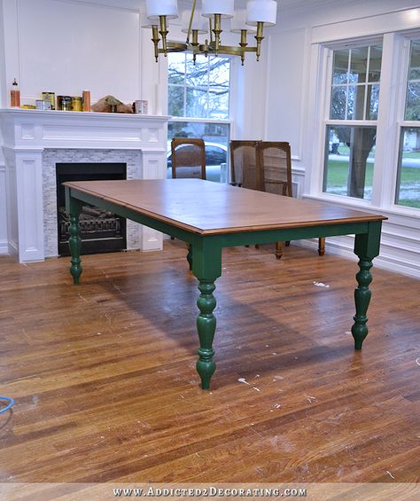 My Finished DIY Farmhouse Dining Table Dark Green Kitchen Table, Dark Wood Dining Table With Green Chairs, Green Farmhouse Dining Table, Green Kitchen Table, Antique Dining Tables Green, Dining Table Build, Turquoise Farmhouse Dining Table, Diy Farmhouse Dining Table, Green Dining Table