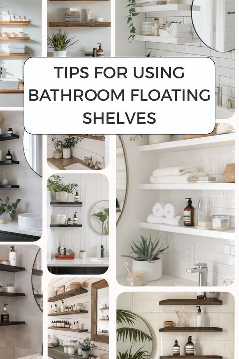 Ideas for the perfect bathroom floating shelf and tips for how best to use them. Floating Shelf Sink Bathroom, Bathtub Shelf Ideas, How To Style Floating Shelves, Bathroom Shelves Decor Ideas, Small Bathroom Shelf Ideas, Bathroom Floating Shelf, Small Narrow Bathroom, Bathroom Floating Shelves, Bathtub Shelf