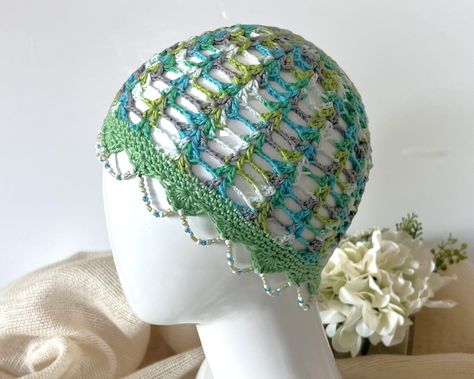 Crochet Flapper Hat, Bead Hat, Crochet Flower Hat, Juliet Cap, White Art Deco, Flapper Hat, Crochet Fairy, Knit Accessories, Green And Turquoise