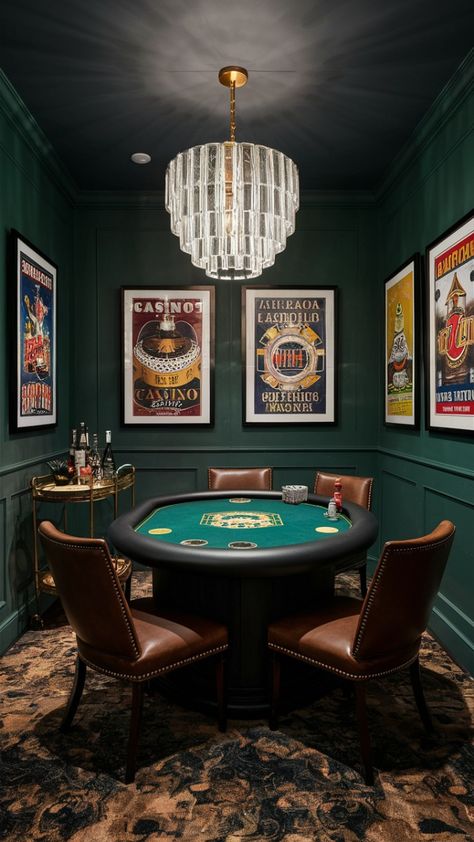 Make a casino corner with a poker or blackjack table, leather chairs, and a bar cart. Dark lighting and green colors will make it feel like a casino. Add framed posters of famous casinos for extra flair. Basement With Poker Table, Old Money Game Room, Poker Table Aesthetic, Home Poker Room, Poker Table Ideas, Adult Game Room Ideas, Poker Room Ideas, Pool Table Room Ideas, Adult Game Room