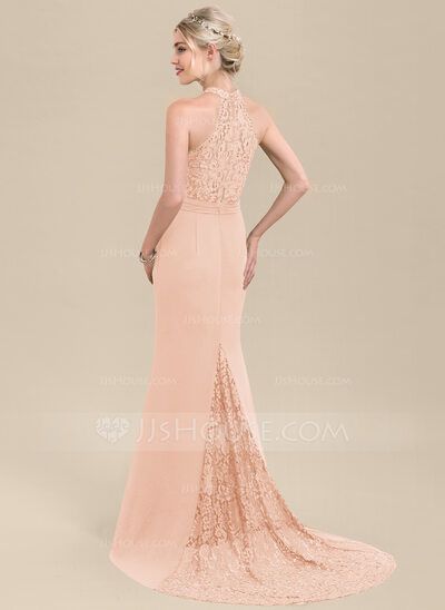 Trumpet/Mermaid High Neck Sweep Train Chiffon Lace Bridesmaid Dress (007116638) - JJ's House Halter Neck Bridesmaid Dresses, Peach Bridesmaid, Peach Bridesmaid Dresses, Mermaid High, Lace Chiffon Bridesmaid Dress, Lace Bridesmaid Dress, Lace Bridesmaids, Lace Chiffon, Illusion Neckline