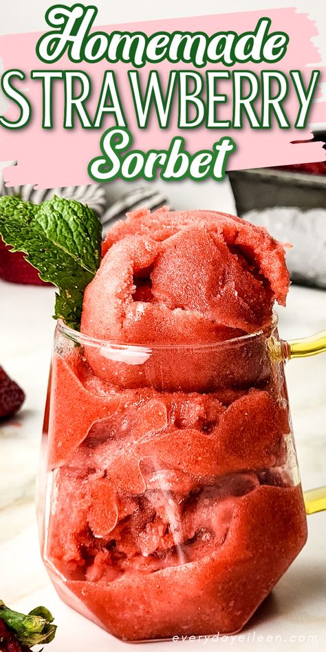 Homemade Strawberry Sorbet is a delicious dessert made with just a few ingredients. It is so refreshing with fresh strawberries, water, lemon juice, and sugar for a delightful treat for all to enjoy. Strawberry Sorbet Recipe, Homemade Sorbet, Recipe Ingredients List, Sherbet Recipes, Granita Recipes, Frozen Treats Recipes, Sorbet Is, Sorbet Recipe, Salted Caramel Ice Cream