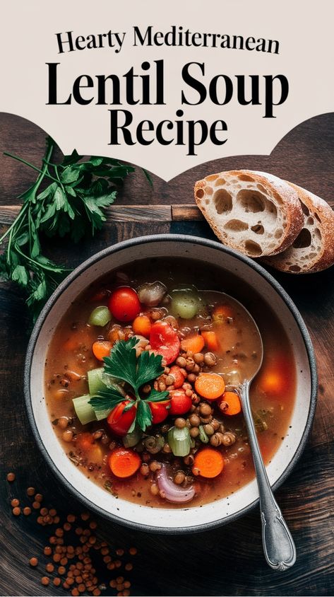 Bowl of lentil soup with vegetables and herbs, accompanied by sliced bread. Lentil Soup Crockpot, Mediterranean Lentil Soup, Best Lentil Soup, Southern Style Collard Greens, Best Lentil Soup Recipe, Beef Tenderloin Recipes, Collard Greens Recipe, Lentil Soup Recipe, Vegan Lentil Soup