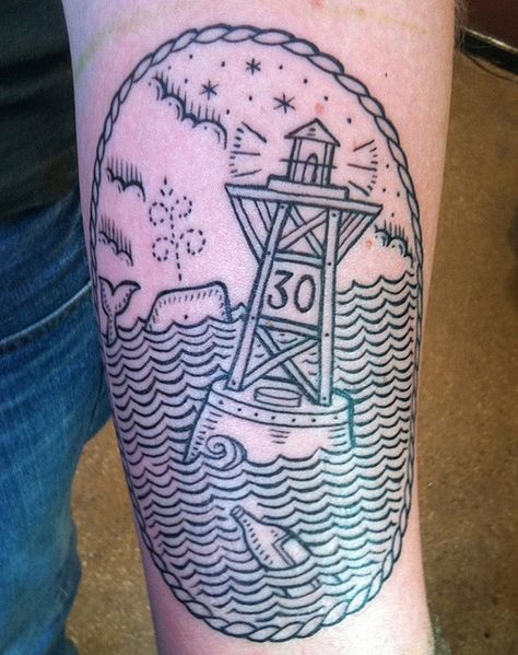 by Duke Riley Paisley Shoulder Tattoos, Buoy Tattoo, Duke Riley, Hai Tattoo, River Tattoo, Lighthouse Tattoo, Nautical Tattoo, East River, Great Tattoos