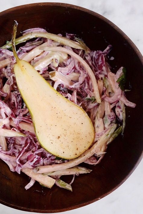 this tangy slaw uses hard pears instead of carrots in a creamy dressing and its delicious with cheese 🍐 Pear Slaw, Tangy Slaw, Braised Red Cabbage, Creamy Dressing, Seasonal Salad, Primrose Hill, Pear Salad, Dairy Free Yogurt, Poached Pears