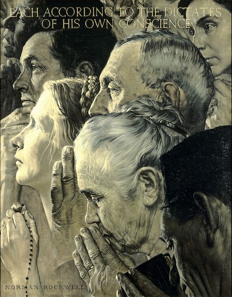 Heads and hands at prayer are the dominant features in Norman Rockwell's 1943 painting, "Freedom of Worship." This past week, when President Trump announced his travel ban on Muslims, a museum group announced that Norman Rockwell's "Four Freedoms" paintings will begin an international tour in 2018. Norman Rockwell Four Freedoms, Norman Rockwell Poster, Norman Rockwell Prints, Norman Rockwell Art, Rockwell Paintings, Wwii Posters, Norman Rockwell Paintings, Freedom Of Religion, Freedom Of Speech